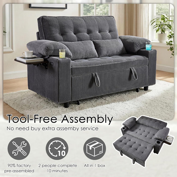 58In Sleeper Sofa Bed DarkGrey FoldableSideTable SpaceSaving