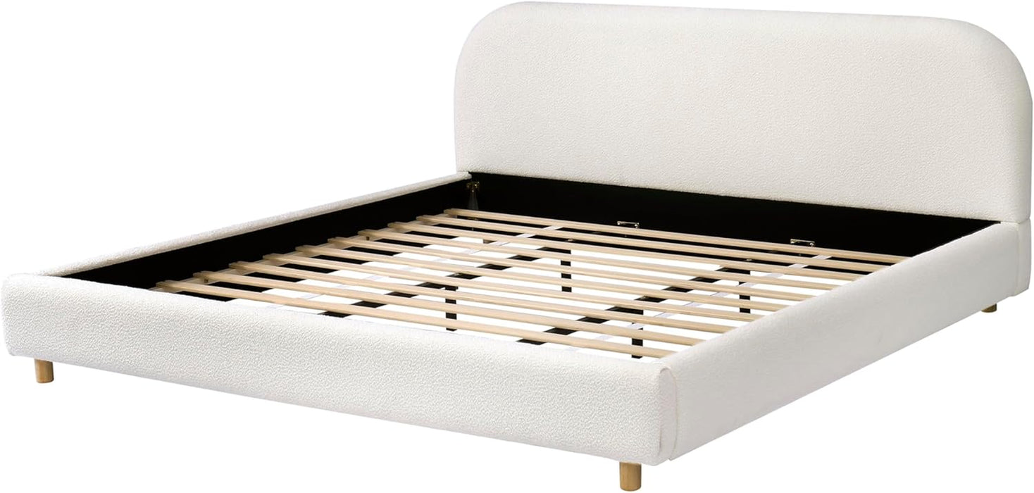 King Size Teddy Fleece Thick Fabric Upholstered Platform Bed with Curved Shaped Headboard, Wood Bed Frame with Solid round Legs for Kids Teens Adults, White