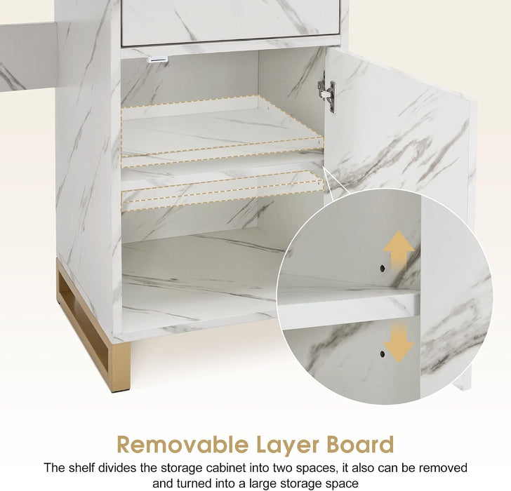 Light Luxury Dressing Table with Storage Cabinet, Modern Vanity Desk with Drawer, Home Makeup Station for Bedroom, Metal Dresser with Adjustable Mirror 3388 (White)