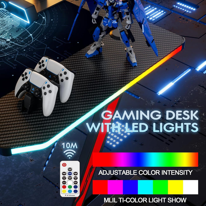 Gaming Computer Desk with Carbon Fiber Surface, Gaming Table Z Shaped Pc Home Office with Cup Holder&Headphone Hook(55 In, Black, Led Light)