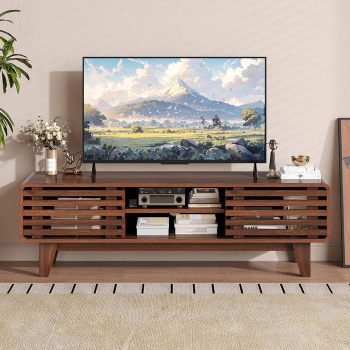 TV Stand for 60 Inch TV, Mid Century Modern Entertainment Center with Storage Boho Television Stand with Shelves and Grille Sliding Doors Wood Media Console for Living Room, Walnut
