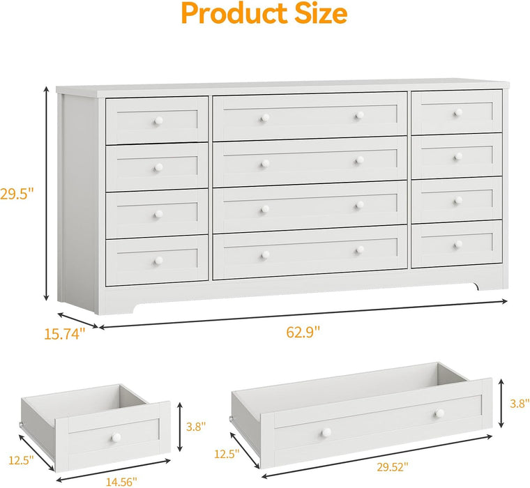12 Drawer Wooden Dressers for Bedroom, Farmhouse White Wood Dresser