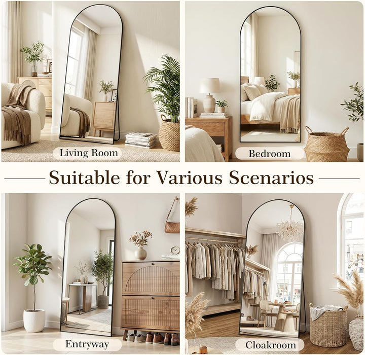 76"X34" Arched Full Length Mirror with Stand, Free Standing Leaning Wall Mounted Aluminum Alloy Frame Mirror for Bedroom Living Room Cloakroom, Black