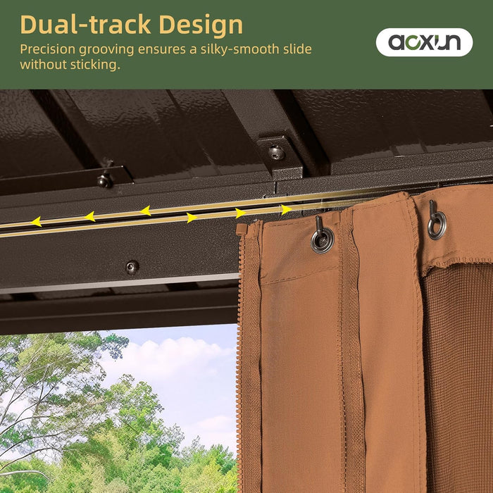 12’X16’ Hardtop Gazebo, Permanent Metal Pavilion with Galvanized Steel Double Roof, Outdoor Pergola with Nettings and Curtains for Lawn, Garden, Patio (Brown)