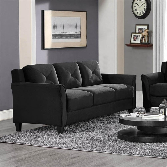 2-Piece Polyester Microfiber Fabric Upholstered Sofa Set with 78" W Sofa & 56" W Loveseat, Curved Arms, Sturdy Wood Frame & Legs, Tufted Back Cushions, in Black Finish