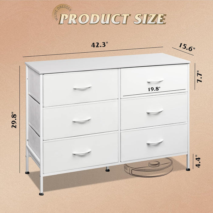 Wide Dresser with 6 Fabric Drawers, TV Stand for 50" TV, Closet Dresser with Metal Frame, Wooden Top, Fabric Dressers for Bedroom, Closet, Hallway, Living Room, Entryway, White
