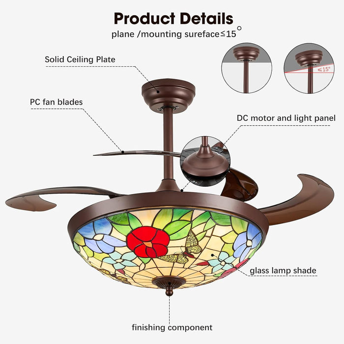 48" Tiffany Retractable Ceiling Fan with Light - (Garden, Brown)