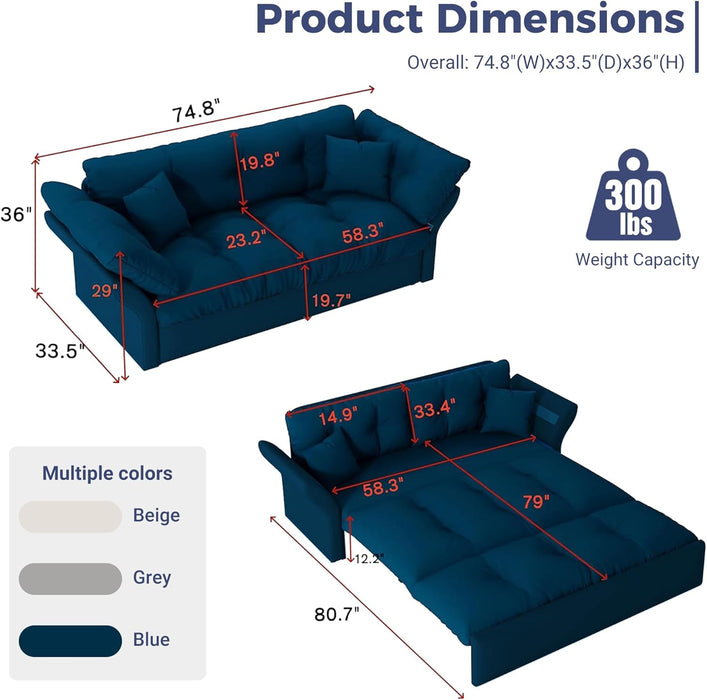 Blue Queen Size ThreeInOne Convertible Sleeper Sofa