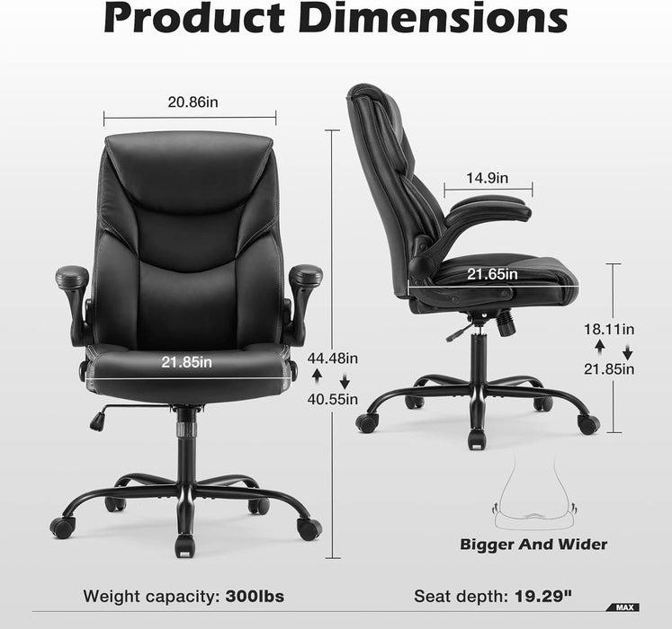 Office Chair - Ergonomic Executive Computer Desk Chairs with Adjustable Flip-Up Armrest, Swivel Task Chair with Lumbar Support, Strong Metal Base, PU Leather, Black