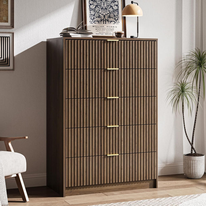 47" Tall Fluted 5-Drawer Dresser for Bedroom, Walnut