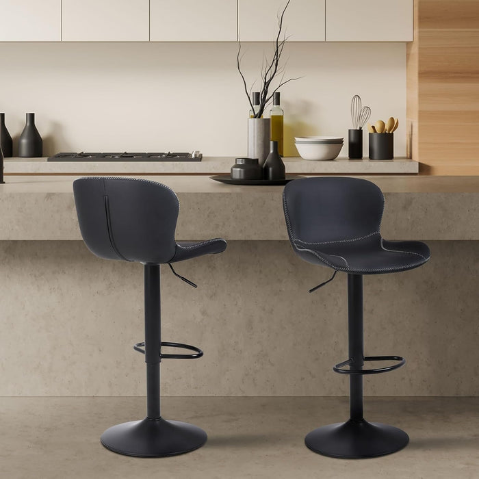 Bar Stools Set of 2, PU Leather Counter Height Barstools with Back, Height Adjustable Swivel Bar Chairs, Modern Armless Kitchen Island Stool, Black