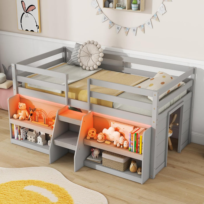 Twin Loft Bed with LED Lights, Wooden Loft Bed Twin Size with Stairs & Safety Guardrail, Low Loft Bed for Kids with Storage Bookcase and Under-Bed Play Space, Grey