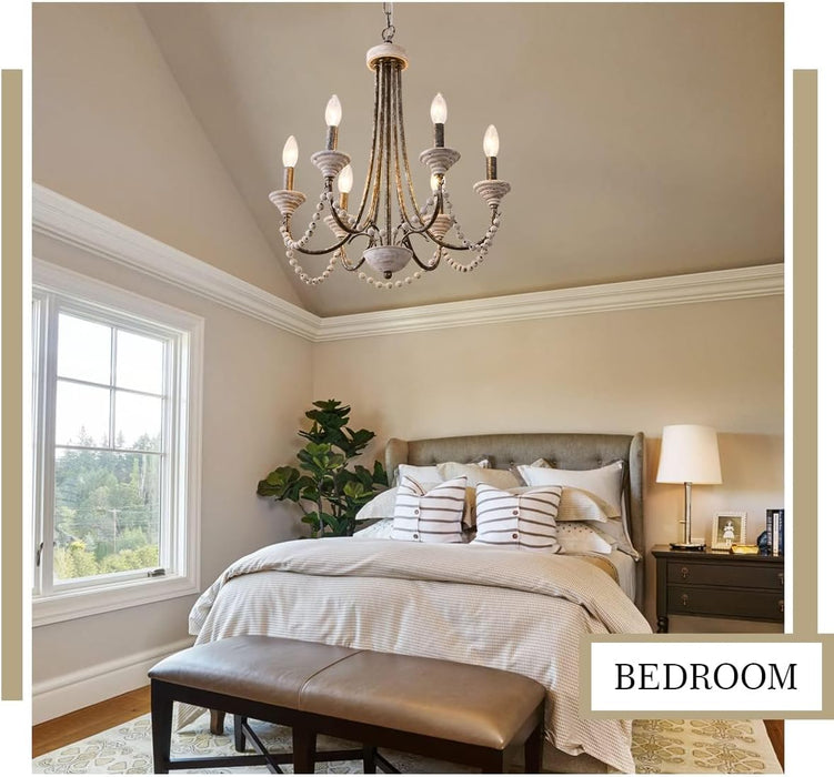 French Country Chandelier 20 Inch Whitewashed Wood