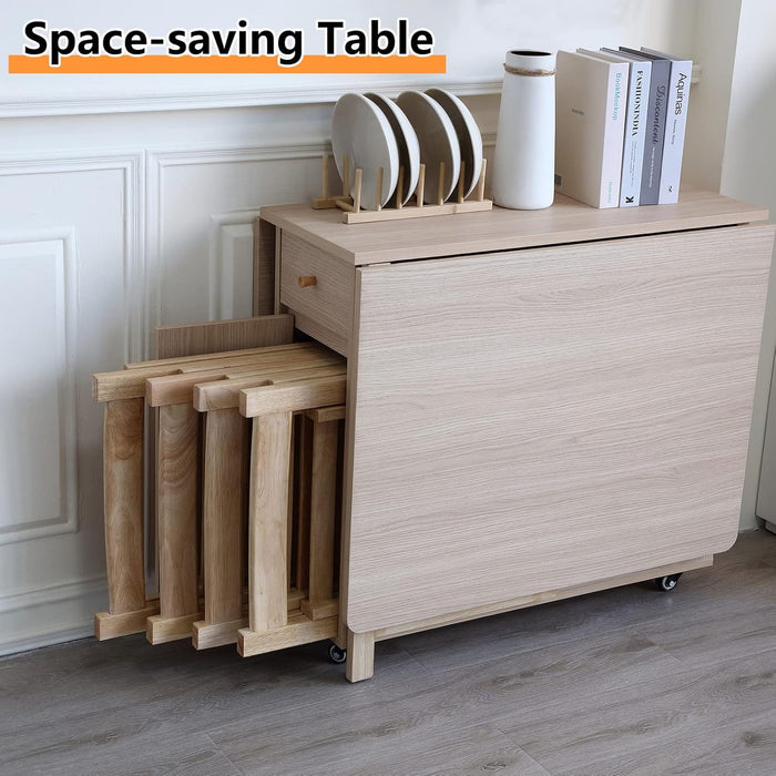 Drop Leaf Folding Dining Table with Storage, Wheels, Space Saving | Foldable Design, 18Mm Thick Plywood, 300 Lbs Capacity, Locking Wheels, Farmhouse Style, for Living Room Kitchen Small Spaces