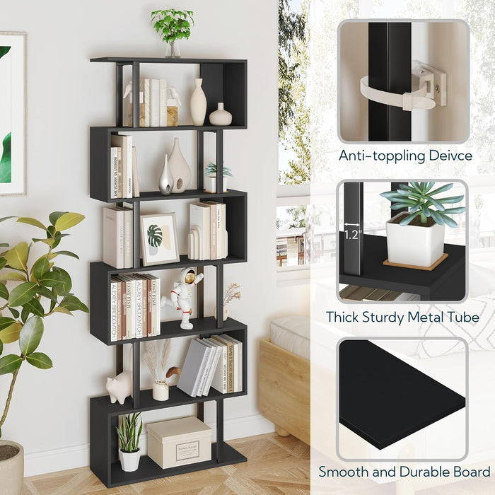 S Shaped Bookshelf, Modern Geometric Bookcase, 6-Tier Black Display Case Book Shelf