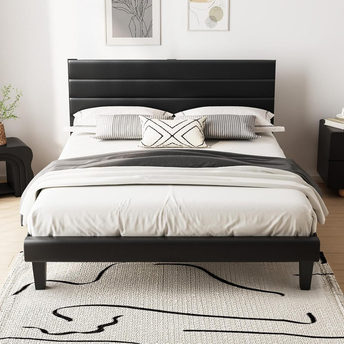 Full Upholstered Bed Frame, Adjustable Headboard, PU Leather Black