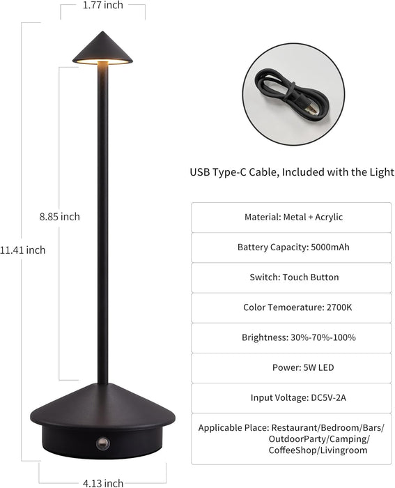 Modern Cordless Table Lamp Set of 2, Portable LED Desk Lamps, 5000Mah Rechargeable Battery Operated Lighting for Bedroom Dining Room Restaurant Coffee Shop Camping Night Light (Black)