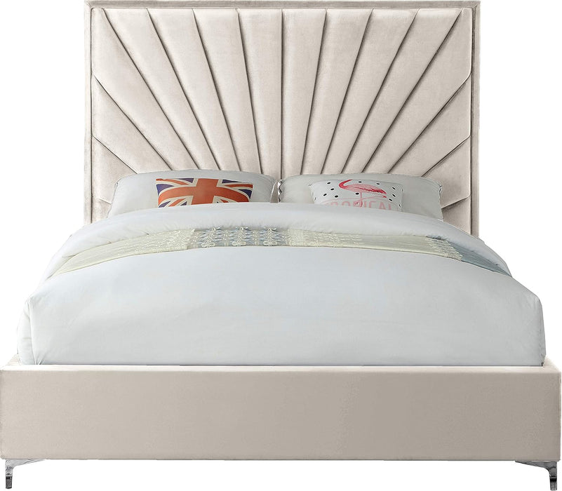 Eclipse Collection Modern | Contemporary Velvet Upholstered Bed with Channel Tufted Design and Complete Sets of Gold and Chrome Legs Included, Queen, Cream