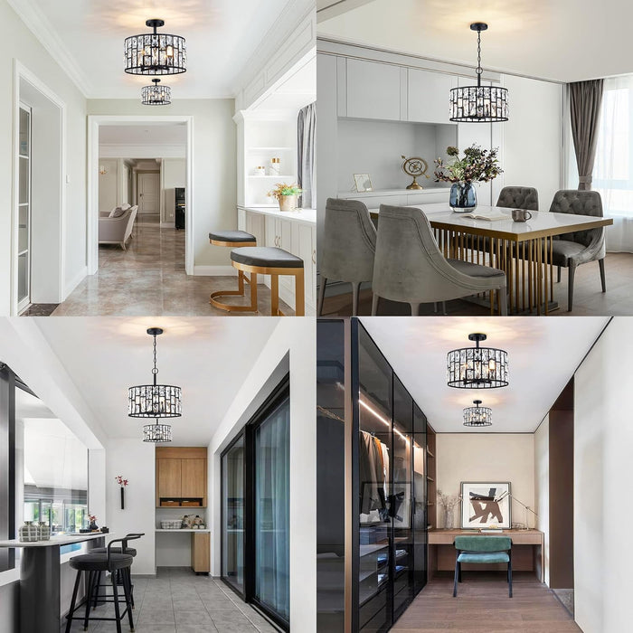 Farmhouse Crystal Convertible Chandelier and Semi Flush Mount Lighting Black Cylinder Drum Shade Pendant for Kitchen Island Dining Room Bedroom Hallway