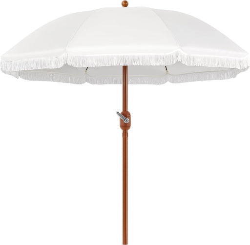 9Ft Patio Umbrella with Tassels, Fringe Portable Beach Umbrella, Umbrella Outdoor Patio with Crank Operating Mechanism, Tilting Aluminum Pole, Fiberglass Ribs for Garden, Pool, Cream