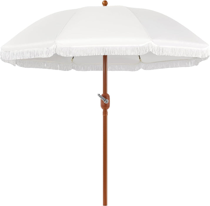 9Ft Patio Umbrella with Tassels, Fringe Portable Beach Umbrella, Umbrella Outdoor Patio with Crank Operating Mechanism, Tilting Aluminum Pole, Fiberglass Ribs for Garden, Pool, Cream