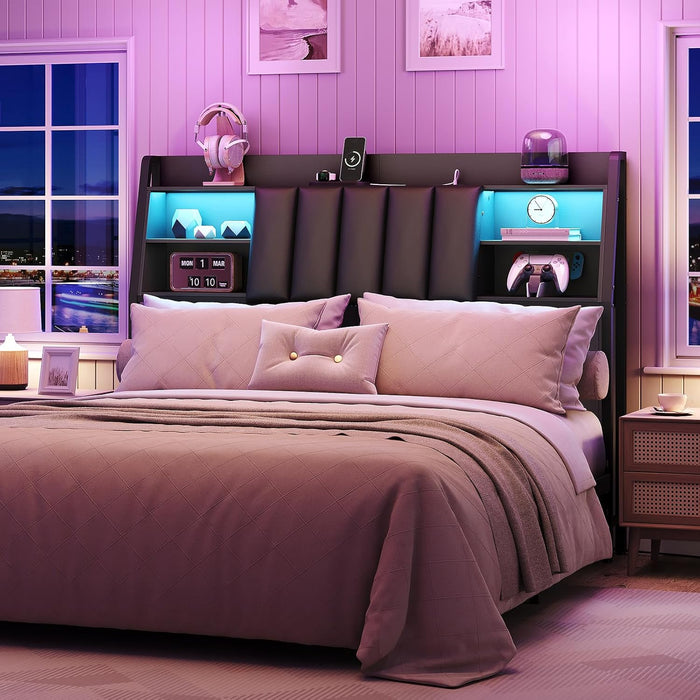 Upholstered Headboard Queen Size with Storage, Headboard with Charging Station and LED Light Strip, Padded Backrest and Open Storage Shelf, Metal Frame Adapter, for Queen Bed Frames, Black