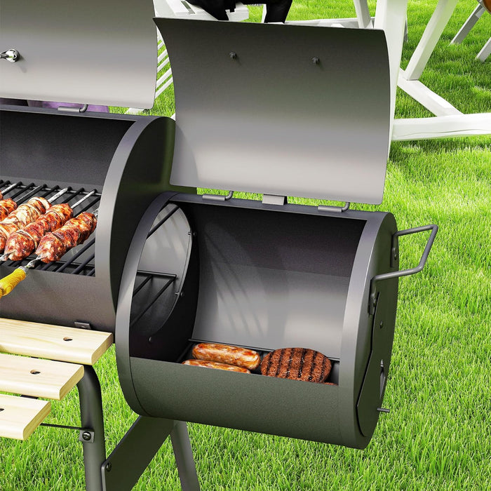 Charcoal Grill with Offset Smoker, 231 Sq.In. Cooking Area, Barrel BBQ Grill and Smoker Combo with Side Tables, Shelf, Thermometer, Wheels for Outdoor Patio Backyard Party Event Gathering