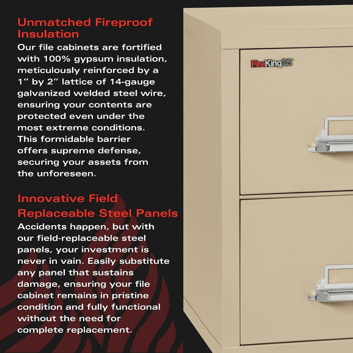 Fireproof Vertical File Cabinet (2 Letter Sized Drawers, Impact Resistant, Water Resistant), 27.75" H X 17.75" W X 25.06" D, Parchment