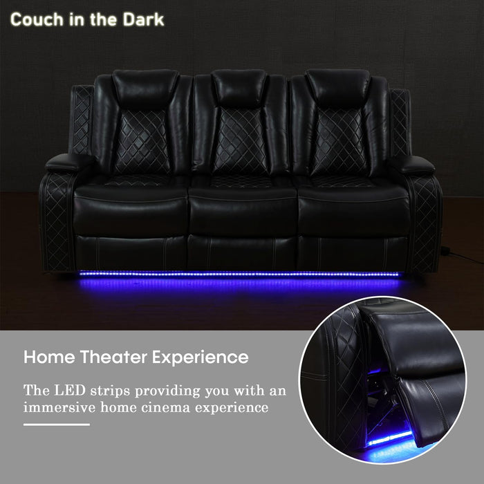 Power Recliner Sofa Set with LED Lights,Leather Reclining Sofa with USB Port/Wireless Charger/Storage Console/Cup Holder,3 Piece Reclining Living Room Set for House/Home Theater(3 Piece Set,Black)