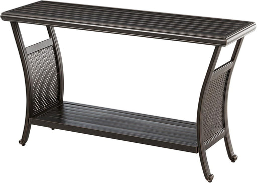 Traditions Outdoor Table, 50" Slat Top Console Table with 2 Shelves, Rust-Resistant All-Weather Patio Table with Brushed Bronze Finish, Perfect for Storage and Display Space or Bar Set Up