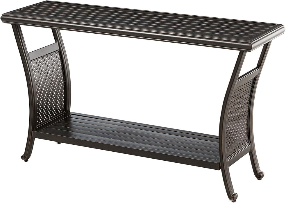 Traditions Outdoor Table, 50" Slat Top Console Table with 2 Shelves, Rust-Resistant All-Weather Patio Table with Brushed Bronze Finish, Perfect for Storage and Display Space or Bar Set Up