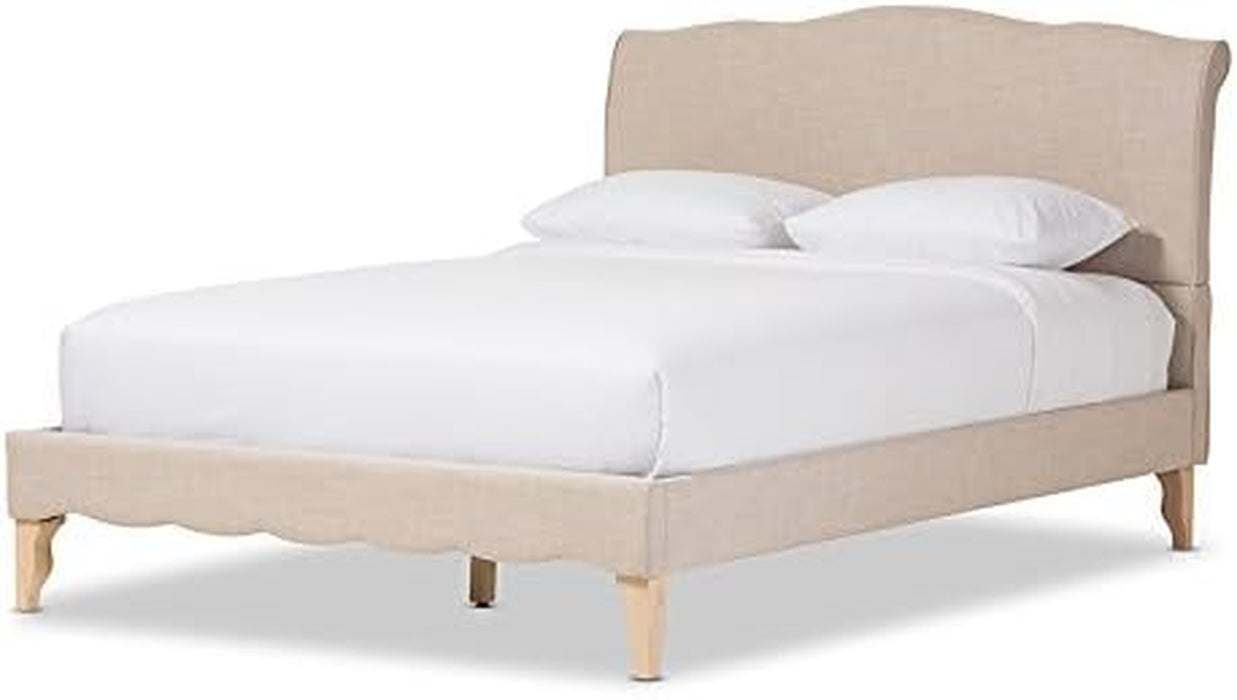 Fayana French Classic Modern Style Beige Linen Fabric Platform Bed, Queen, Off-White