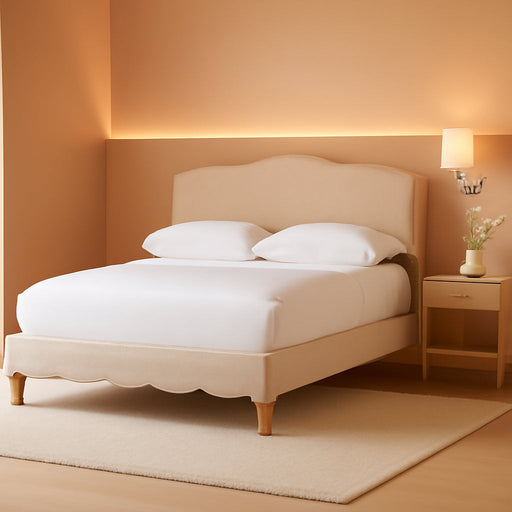 Fayana French Classic Modern Style Beige Linen Fabric Platform Bed, Queen, Off-White
