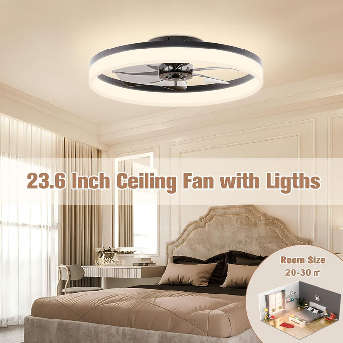 Low Profile Ceiling Fans with Lights and Remote, 23.6In Flush Mount Ceiling Fans with Light, 3000K-6500K Dimmable Fandelier LED Fan Light, Bladeless Ceiling Fan with Lights for Bedroom(Black)