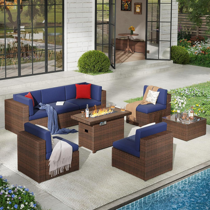 8-Piece Patio Furniture Set with 40” Fire Pit Table Wicker Rattan Conversation Set Outdoor Rattan Sectional Sofa Tempered Glass Coffee Table Patio Suitable for Small Size (8PCS, Blue)