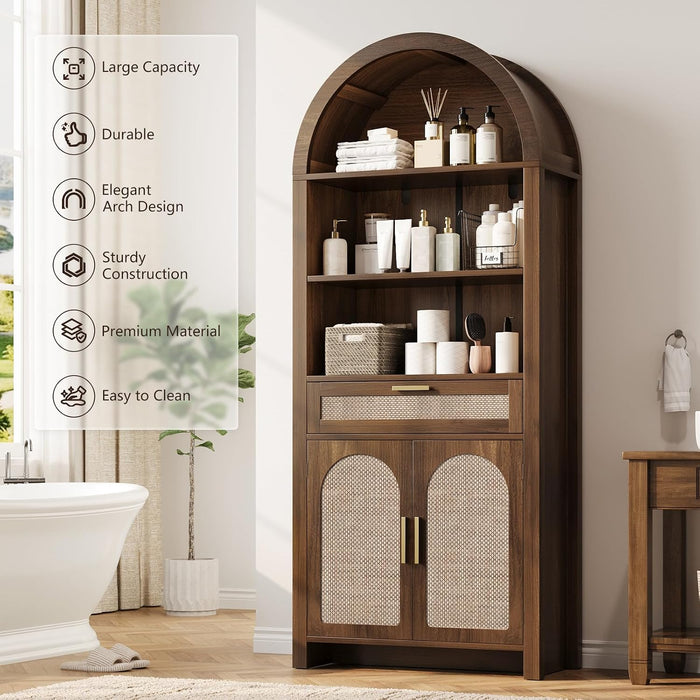 71.3" Tall Arched Bookshelf with Doors - 5 Tier Rattan Arched Bookcase