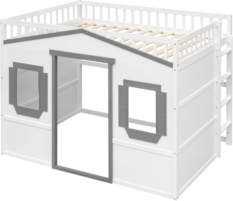 Full Size Wood House Loft Bed with Ladder, Kids Playhouse Bed with Window for Girls Boys, White+Gray