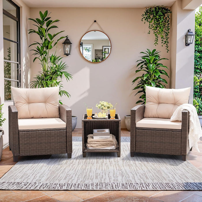3 Pieces Patio Furniture Set Outdoor Wicker Chairs and Table, Beige