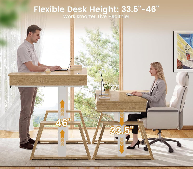 59 Inch L Shaped Electric Standing Desk with Drawers, Executive Adjustable Desk with Power Outlets, Sit Stand Computer Table for Home Office, Oak