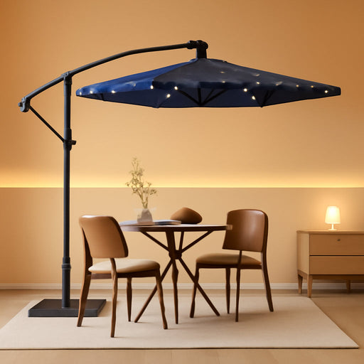 10FT Solar Lights Offset Patio Umbrella with Cross Base, Cantilever Umbrella with Easy Lift & Tilt Adjustment, 8 Ribs Sun Umbrella UV Protection for Backyard, Pool, Garden