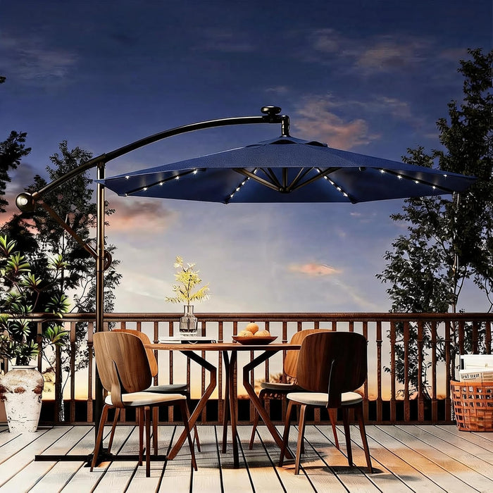 10FT Solar Lights Offset Patio Umbrella with Cross Base, Cantilever Umbrella with Easy Lift & Tilt Adjustment, 8 Ribs Sun Umbrella UV Protection for Backyard, Pool, Garden