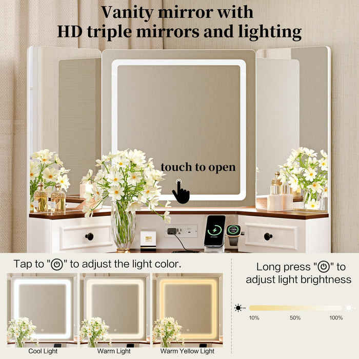Corner Vanity Desk with Mirror and Lights,Makeup Vanities with Power Outlet and 6 Drawers, 3 Light Settings, Dimmable for Women Girls, Bedroom, White