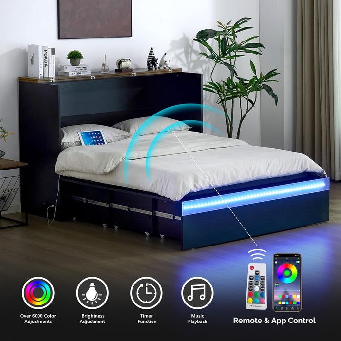 Queen Murphy Bed With Black IntegratedChargingStations LedLighting