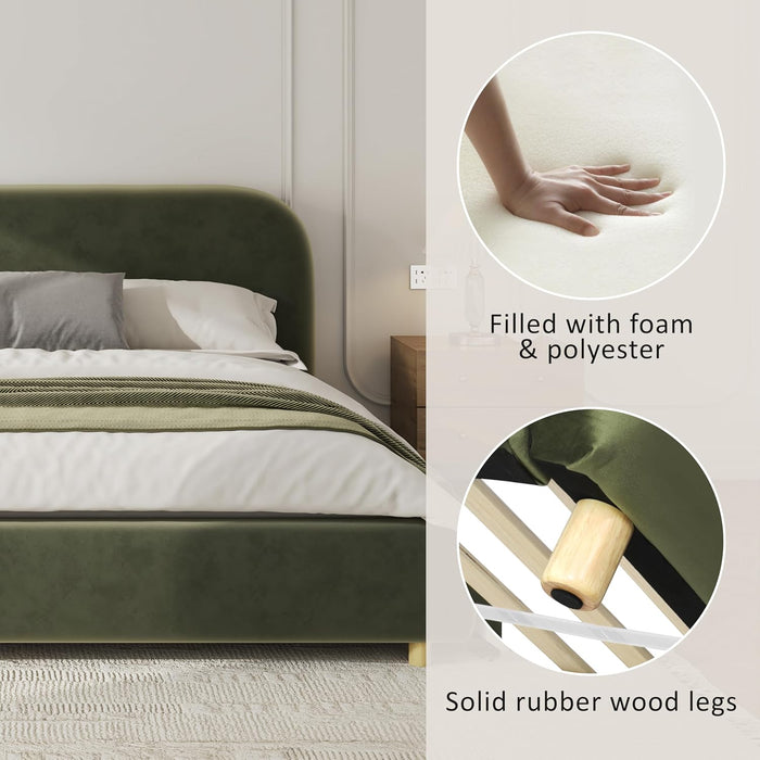 King Size Teddy Fleece Thick Fabric Upholstered Platform Bed with Curved Shaped Headboard, Wood Bed Frame with Solid round Legs for Kids Teens Adults, Olive Green