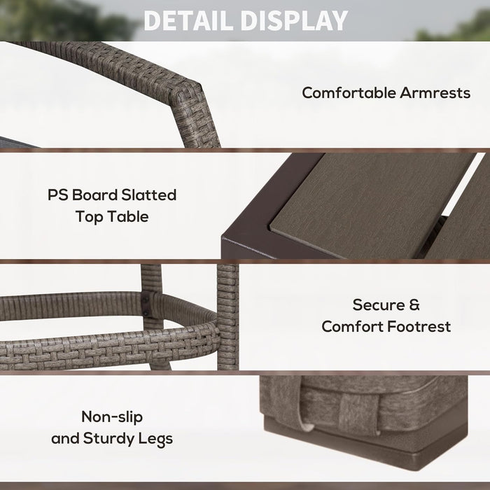 3 PCS Rattan Wicker Bar Set with Wood Grain Top Table and 2 Bar Stools for Outdoor, Patio, Poolside, Garden, Grey