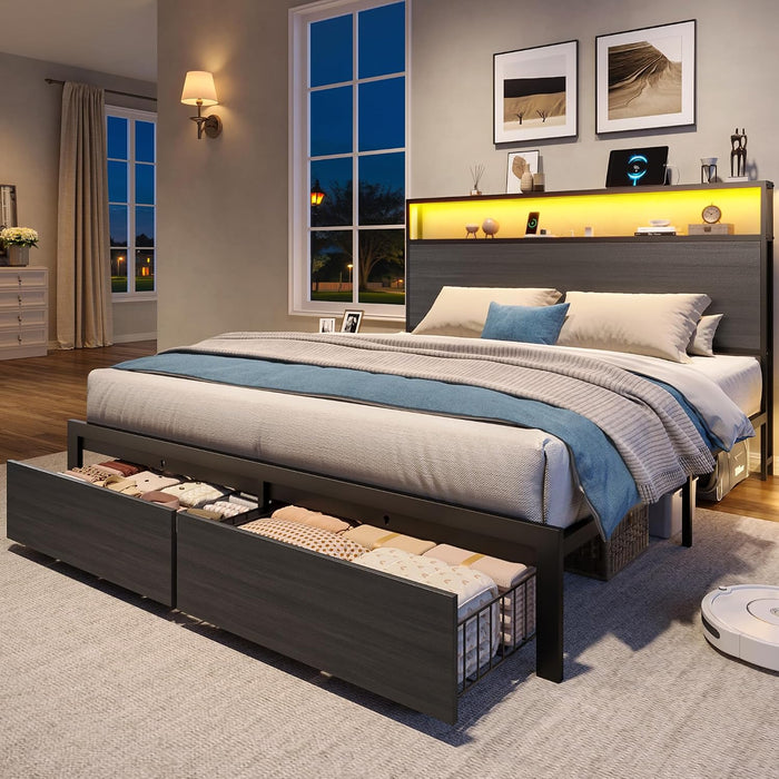 Queen Bed Frame with 2 Drawers, LED Lights, Charging Station, Rustic Grey