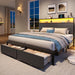 Queen Bed Frame with 2 Drawers, LED Lights, Charging Station, Rustic Grey