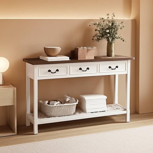 47" Farmhouse Console Table with 3 Drawers, Rustic Entryway Table, Narrow Long Sofa Table for Living Room, Hallway, behind Couch, Soft White and Brown