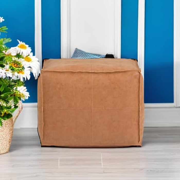 Brody Square Pouf - 18 Inch Wide Upholstered Vegan Leather Ottoman in Distressed Brown, Boho Footstool, Coffee Table or Extra Seating for Living Room or Bedroom, Assembled