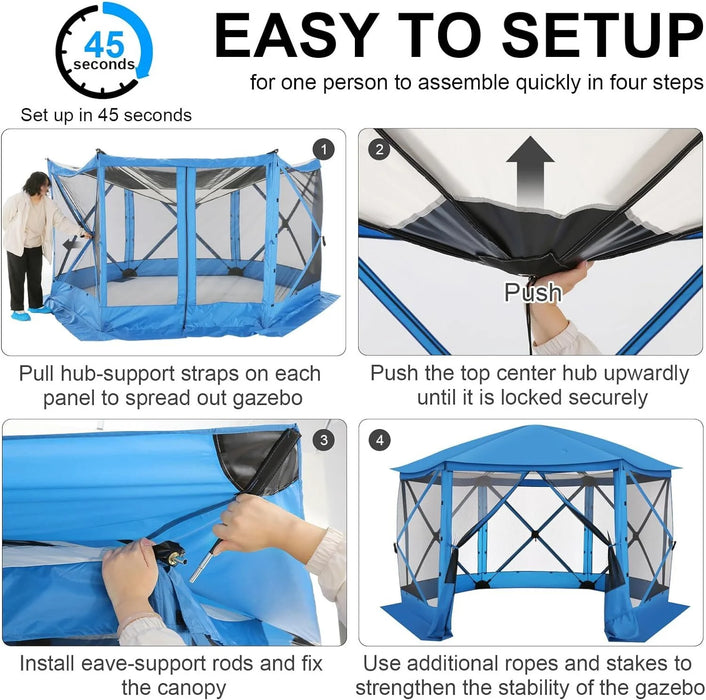 12X12 Pop-Up Gazebo Starry Sky Screen Canopy Tent Screen House for Camping, Screen Room with Mosquito Netting, Hub Tent Instant Screened Canopy with Carrying Bag and Ground Stakes, Blue